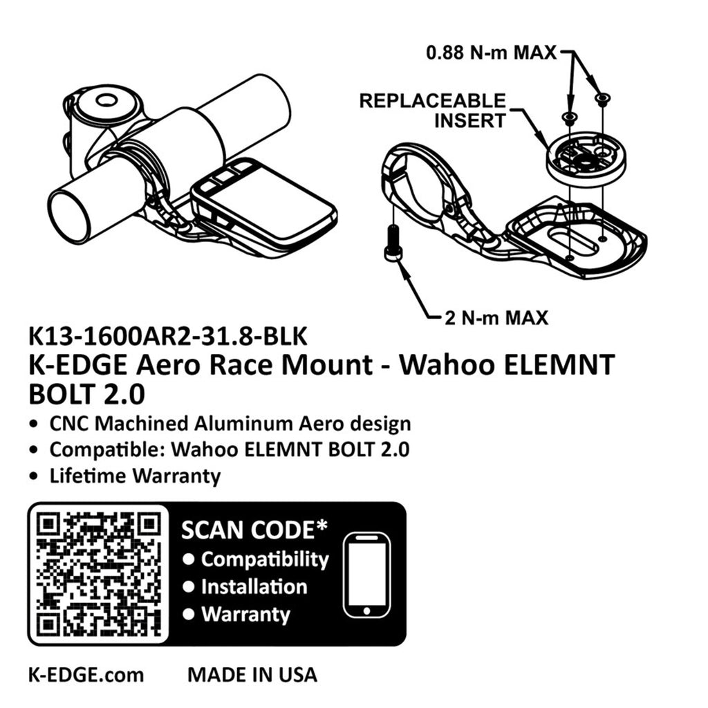 Wahoo Bolt 2.0 Computer Mount - Aero Race, 31.8mm, Black