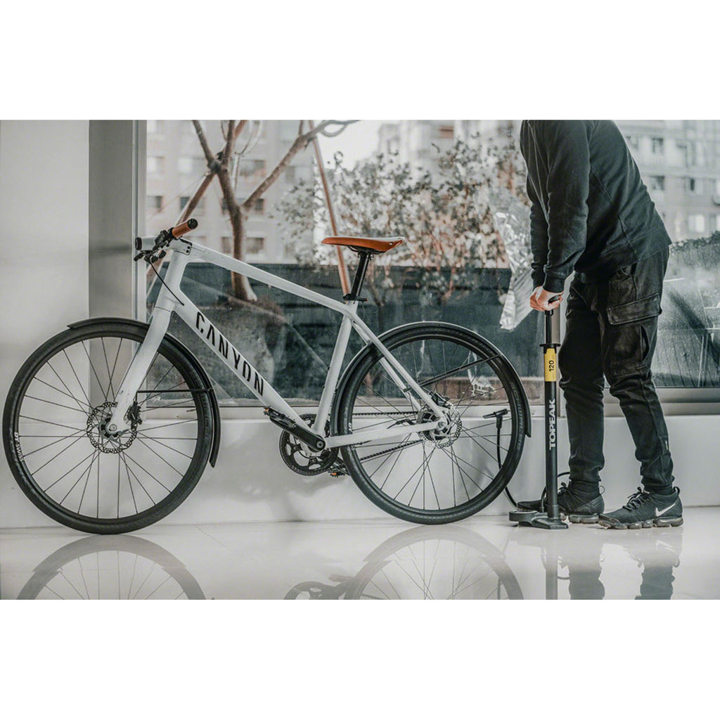 Joeblow Urban Ex Floor Pump - Steel Barrel / Plastic Base,  3.5" Base Mount Gauge, 120 Psi /8 Bar, Smarthead, Black/Sand
